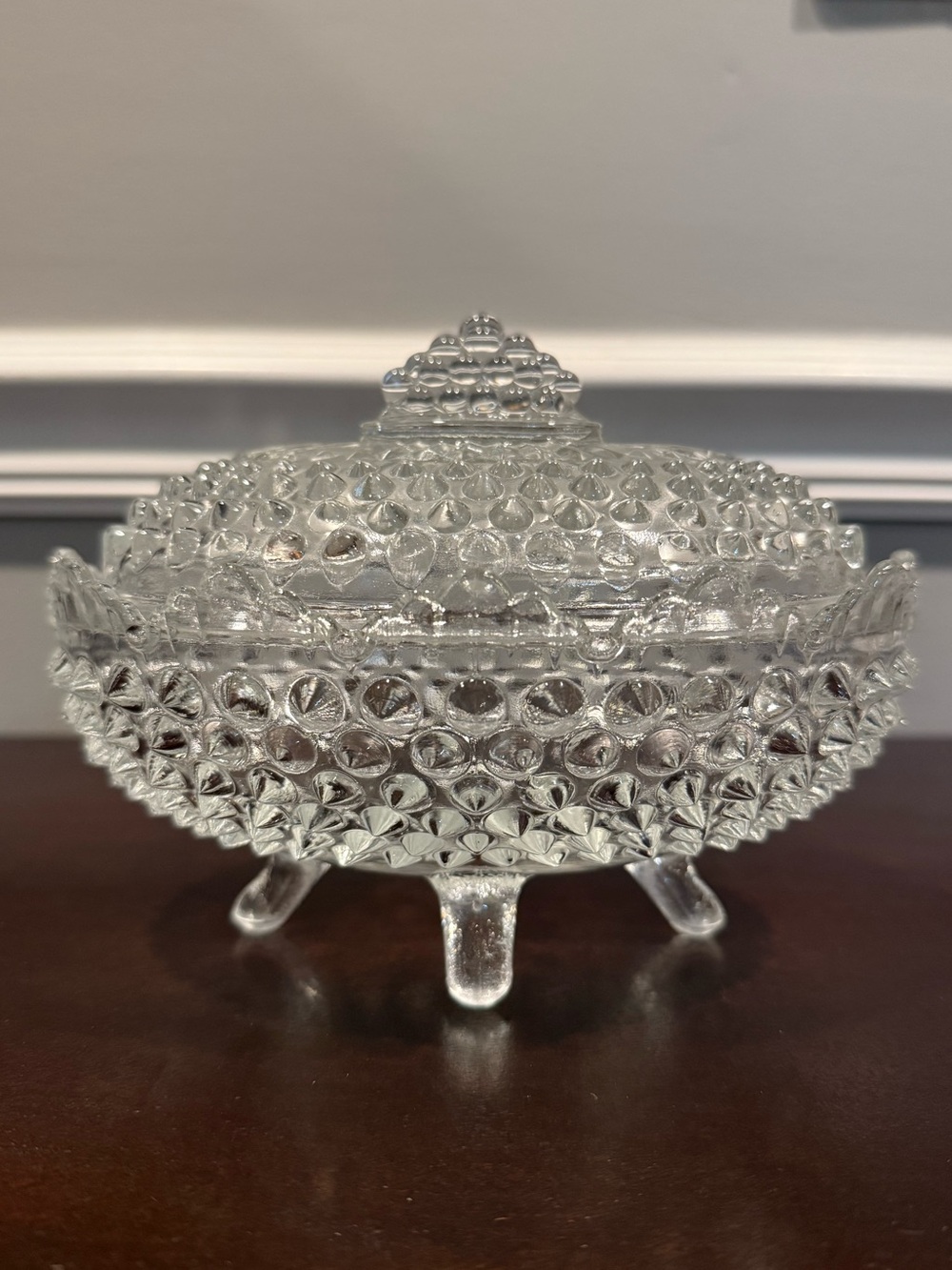 Vintage Hobnail Clear Pressed Glass Covered Candy Dish with Footed Base